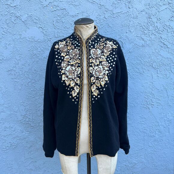 Vintage 60s Beaded Angora Sweater Black Sequin Evening Cardigan - Picture 1 of 9